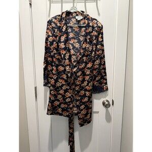 Natori Women's Blue Satin Kimono Robe w Lace Cuffs Belted Knee Length Small